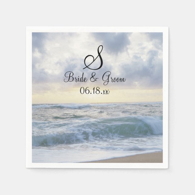 Monogram Wedding Date Names Pretty Beach Backdrop  Napkin (Front)