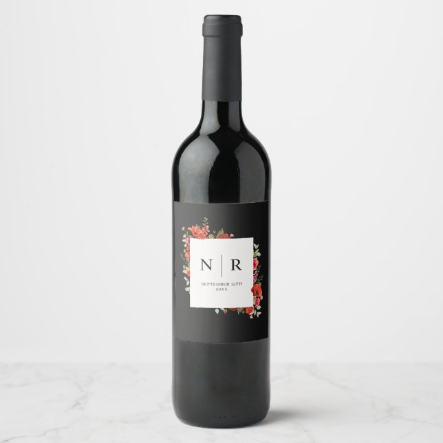Monogram Wedding Delicate Poppy Dark Wedding Wine Label (Front)