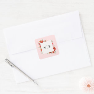 Monogram Wedding Delicate Poppy Pink Wedding Square Sticker