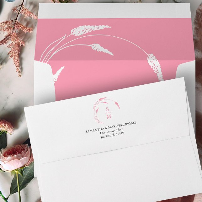 Monogram Wedding Envelopes Pink (Wedding envelopes return address on flap pink floral art by Victoria Grigaliunas of DoTellABelle)