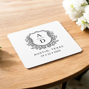 Monogram Wedding Floral Crest Elegant Square Paper Coaster