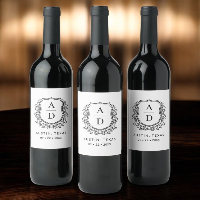 Monogram Wedding Floral Crest Wine Label (Creator Uploaded)