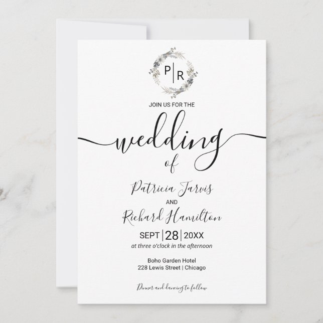 Monogram Wedding Floral Modern Calligraphy Invitation (Front)