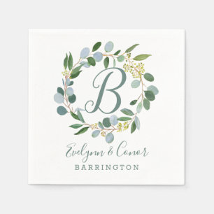 Monogram Wedding greenery wreath with eucalyptus Napkin