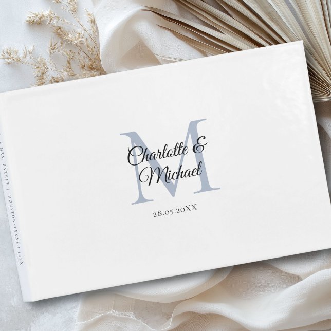 Monogram Wedding Guest Book (Customer-specific, simple, elegant, classic,monogram, white, wedding guest book with your names and.)