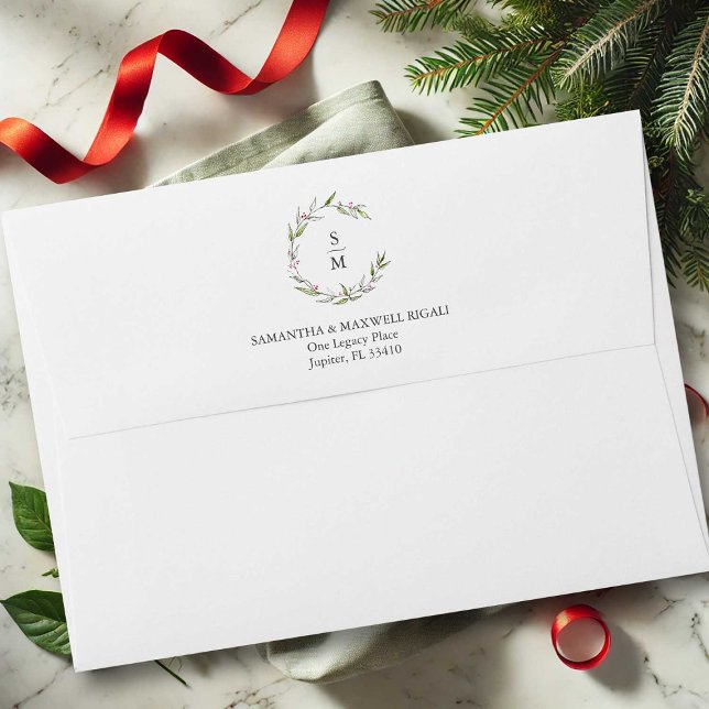 Monogram Wedding Invite Envelopes Botanical (Botanical return address envelopes with greenery and red berries monogram)