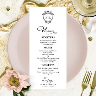 Monogram Wedding Menu Cards Black And White