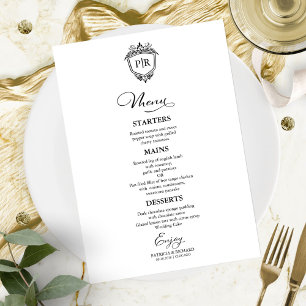Monogram Wedding Menu Cards Black And White