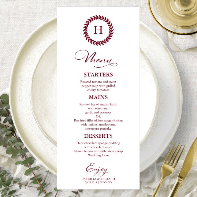 Monogram Wedding Menu Cards Burgundy (Creator Uploaded)