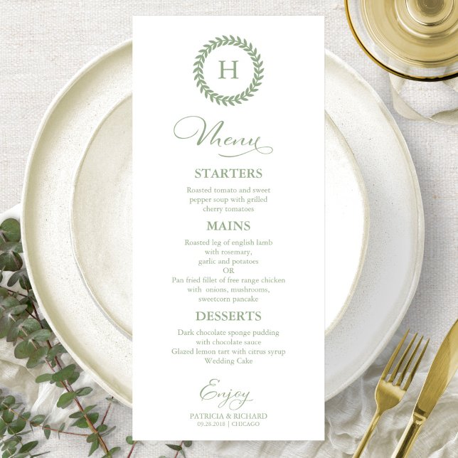 Monogram Wedding Menu Cards Green Sage (Creator Uploaded)
