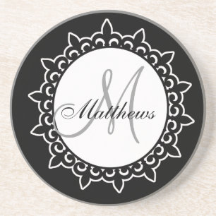 Monogram Wedding Name Coaster Black