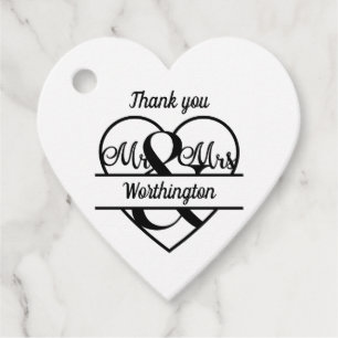 Monogram Wedding Name Heart Black White Thank you Favour Tags