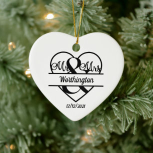 Monogram Wedding Name Heart Holiday Ceramic Tree Decoration