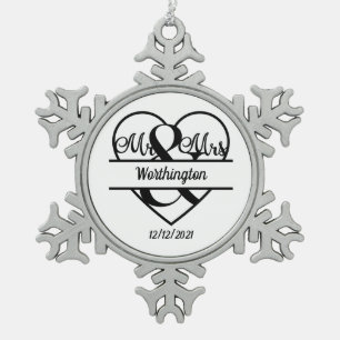 Monogram Wedding Name Heart Holiday Christmas  Snowflake Pewter Christmas Ornament