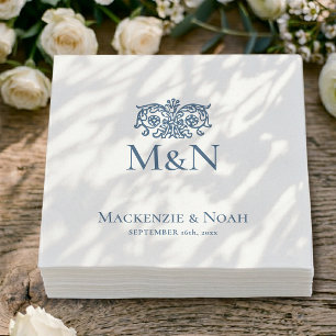 Monogram Wedding Ornate Floral Blue Paper Napkin