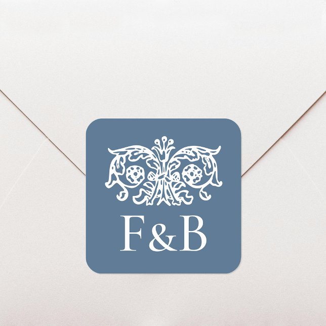 Monogram Wedding Ornate Floral Blue Square Sticker (Creator Uploaded)