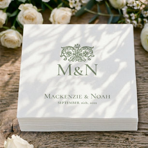 Monogram Wedding Ornate Floral Green Paper Napkin