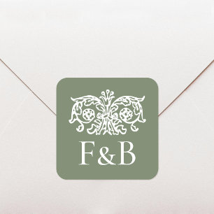 Monogram Wedding Ornate Floral Green Square Sticker