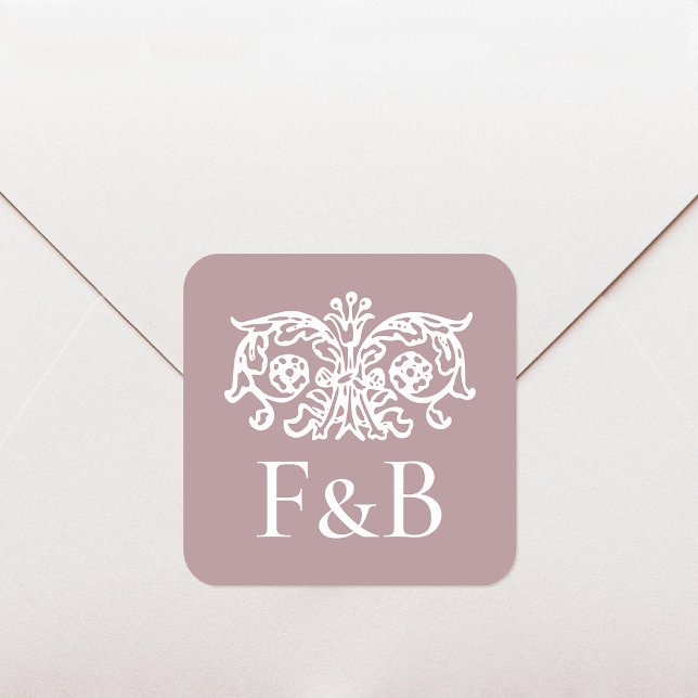 Monogram Wedding Ornate Floral Pink Square Sticker (Creator Uploaded)