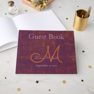 Monogram Wedding Purple Orange Rustic Texture Guest Book