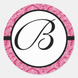 Monogram Wedding Raspberry Damask Classic Round Sticker