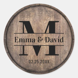 Monogram Wedding Rustic Barn Wooden Classic Round Sticker
