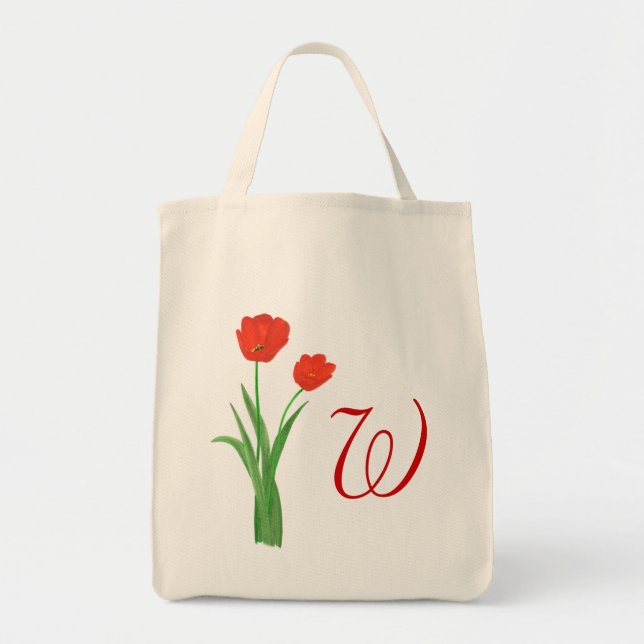 Monogram Wedding tote bags, Red Tulips (Front)