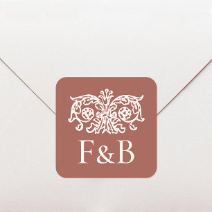 Monogram Wedding Vintage Flower Terracotta Square Sticker