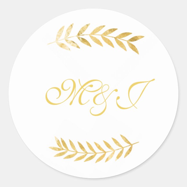 Monogram Wedding Warm Golden Leaves Classic Round Sticker (Front)