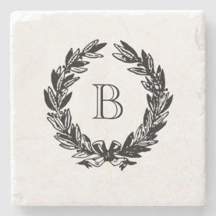 Monogram Wedding Wreath Illustration Stone Coaster