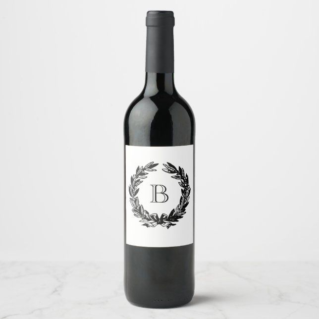 Monogram Wedding Wreath Illustration Wine Label (Front)