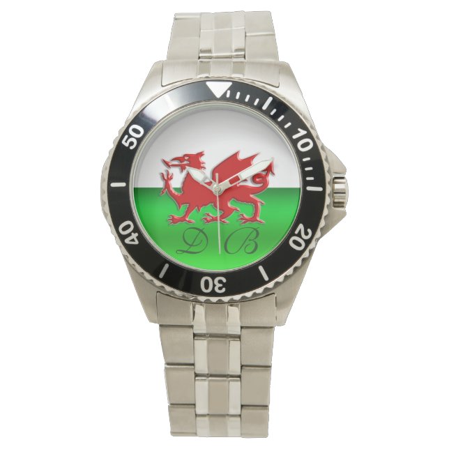 Monogram Welsh Flag, embossed dragon chrome-effect Watch (Front)