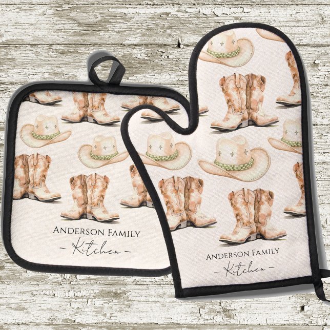 Monogram Western Boots and Cowboy hats Oven Mitt & Pot Holder Set (Creator Uploaded)