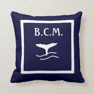 monogram WHALE TAIL ANCHORS WHITE on BLUE Cushion