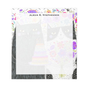 Monogram Whimsical Birthday Cats Floral Bouquet Notepad