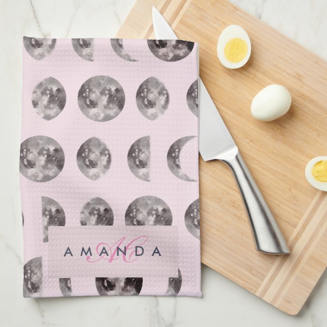Monogram Whimsical Dreamy Moon Phases Gifts Tea Towel (Quarter Fold)