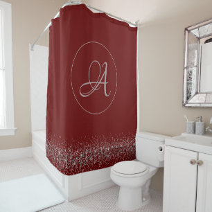 Monogram Whimsical Silver Glitter on Red   Shower Curtain