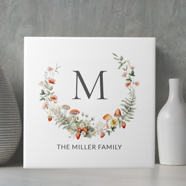 Monogram Whimsical Watercolor Floral Botanical  Tile (Close up)