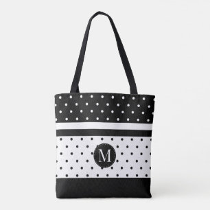 Monogram White and Black Polka Dots Tote Bag