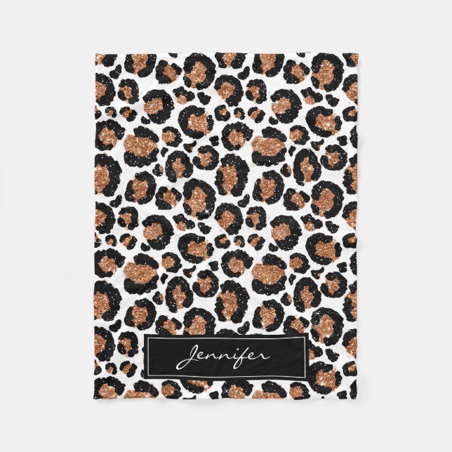 Monogram White and Gold Foil Cheetah Pattern Fleece Blanket (Front)