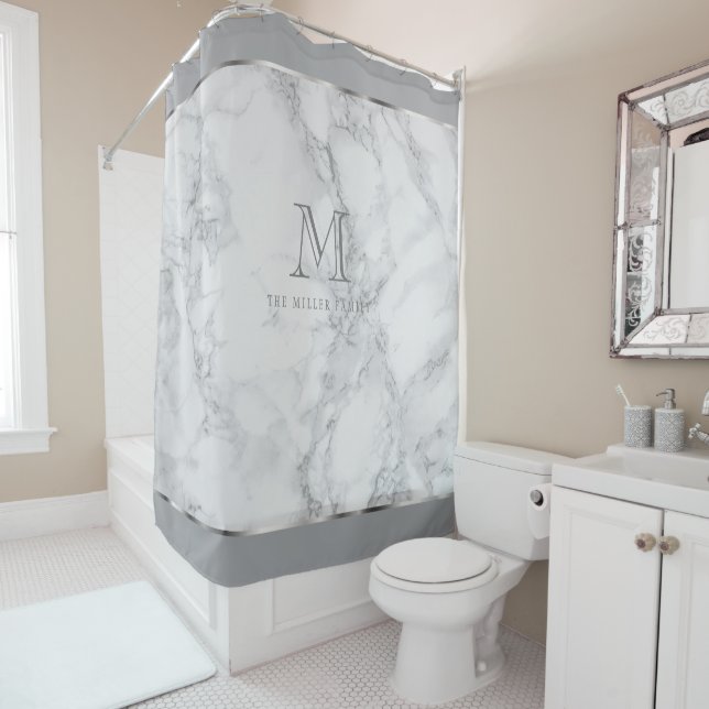 Monogram White and Grey Marble Design Shower Curtain (In Situ)