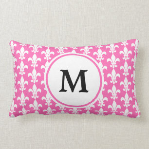 Monogram White and Hot Pink Fleur de Lis Pattern Lumbar Cushion