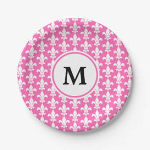 Monogram White and Hot Pink Fleur de Lis Pattern Paper Plate
