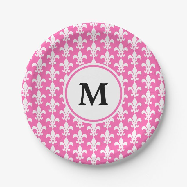 Monogram White and Hot Pink Fleur de Lis Pattern Paper Plate (Front)