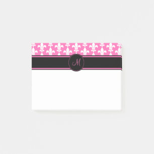 Monogram White and Hot Pink Fleur de Lis Pattern Post-it Notes