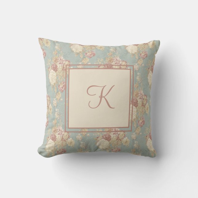 Monogram White and Pink Blush Roses on Blue  Cushion (Front)