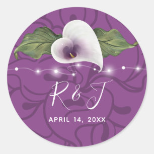 Monogram White and Purple Calla Lily Wedding Classic Round Sticker