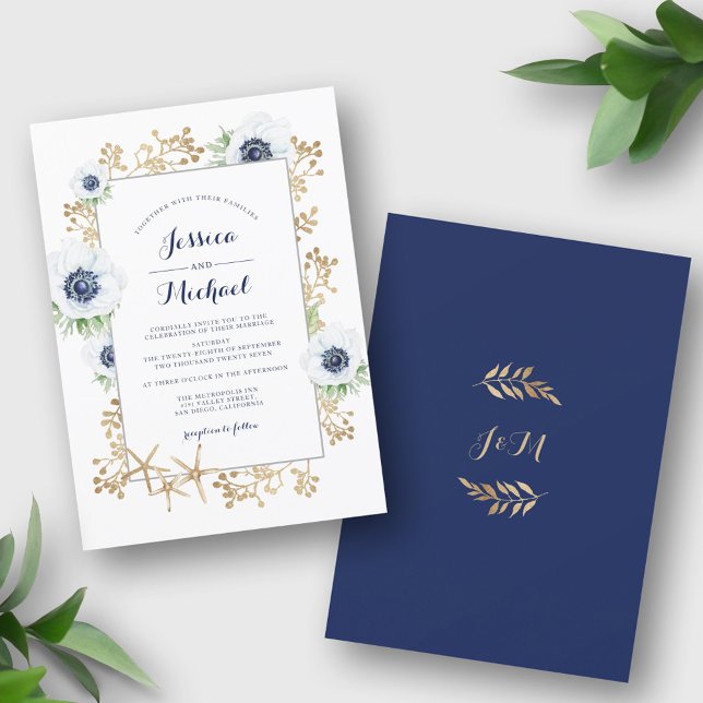 Monogram White Anemone Flower Elegant Wedding Invitation (Creator Uploaded)