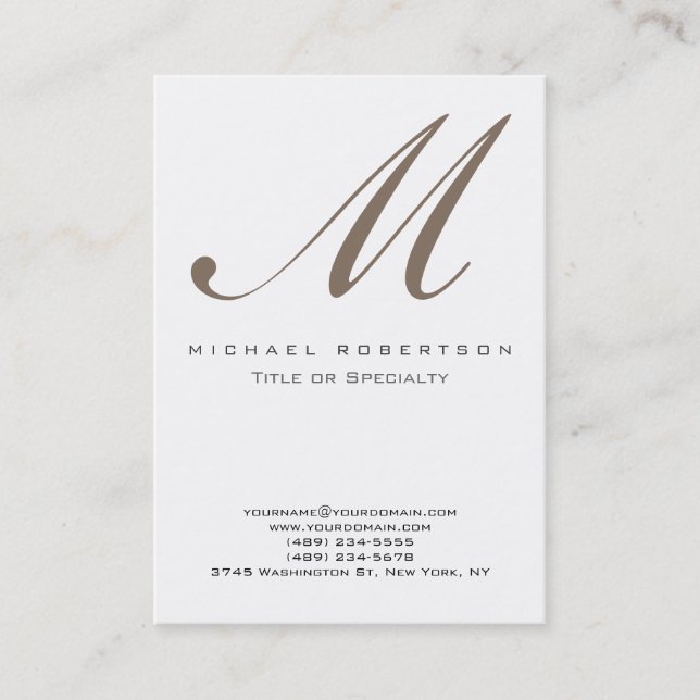 Monogram White Beige Unique Chubby Business Card (Front)