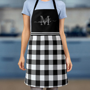 Monogram White Black Buffalo Plaid Apron